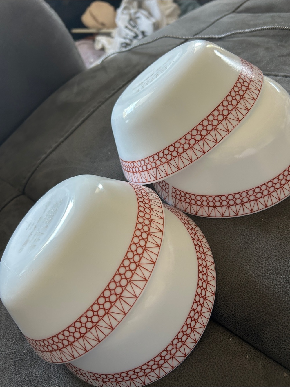 White Party Serving Bowls with Red Geometric Trim - Corelle (4 pcs. New)